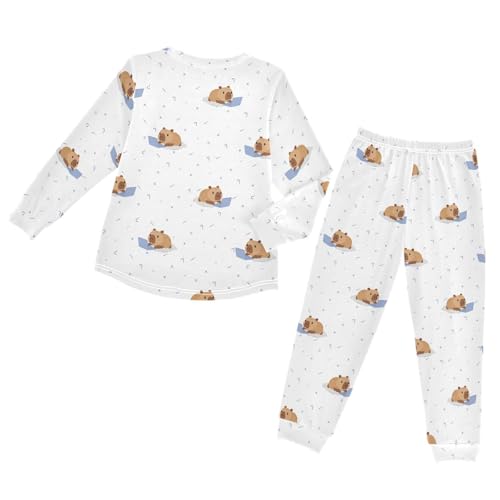 Pajama Set Long Sleeve for Boys & Girls,Capybara Laptop Blue Kid's Soft Sleepwear Crewneck Loungewear 2 Piece PJ Underwear Set 4T2