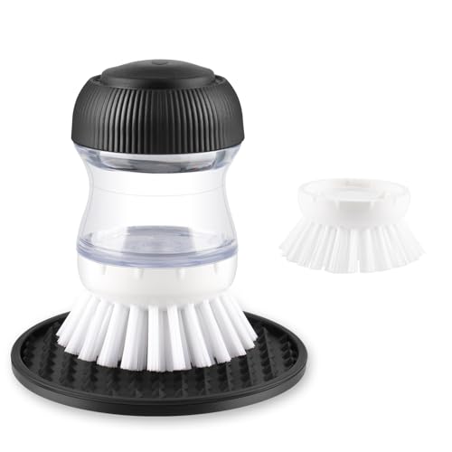 Image of OYV Soap Dispensing Palm Brush, Dish Brush Set with Silicone Drip Tray and One Refill, Kitchen Dish Scrub Brush for Cleaning Pots, Pans, Sinks