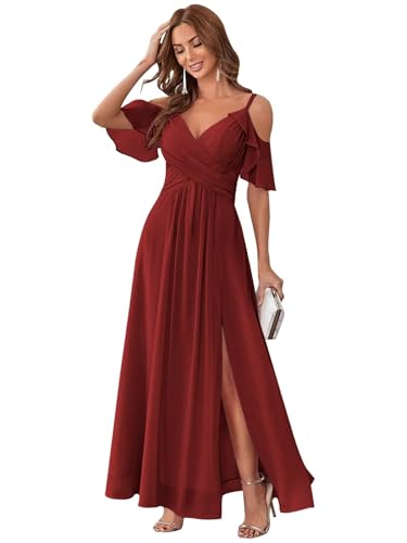 Off The Shoulder Bridesmaid Dresses for Women Chiffon Ruched A Line Formal Party Dress with Slit