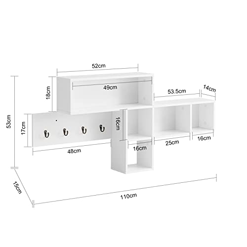 SoBuy FHK17-W Perchero de Pared con 5 Compartimentos y 4 Ganchos Estante de Pared Pasillo 110 x 15 x 53 cm Blanco ES - imagen 3
