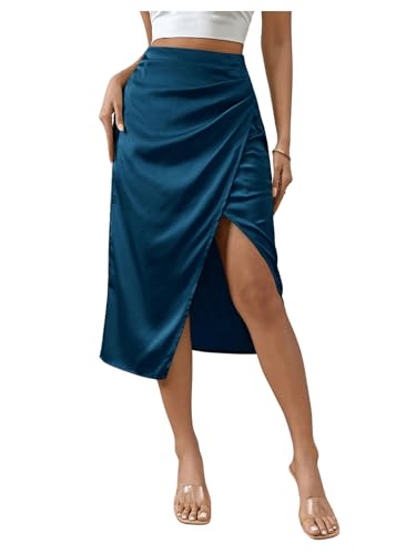 OYOANGLE Women's Elegant Satin Midi Skirt High Waist Ruched Wrap Skirts