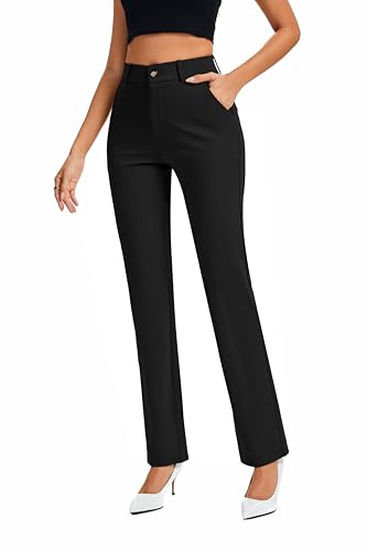 FUNYYZO Women's Work Pants Elastic Waisted Straight Leg Business Slacks Outfits with Pockets4