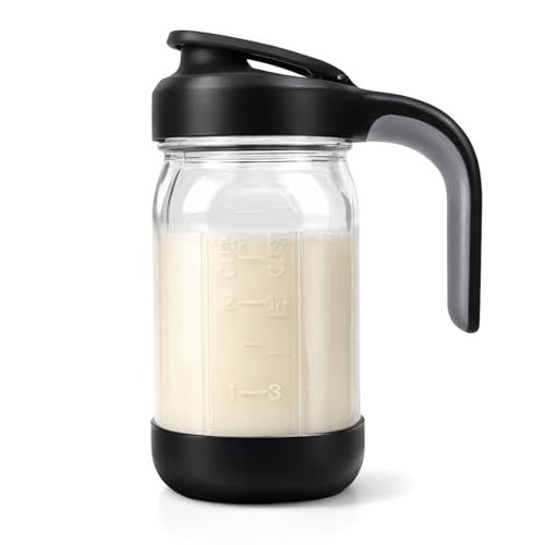 Sursip 32 oz Glass Pitcher with Pour Spout Lid, Airtight & Leakproof Wide Mouth Non-Slip Mason Jar Pitcher for Iced Tea, Cold Brew Coffee, Lemonade, 1 Qt Water Pitcher for Frige - Black