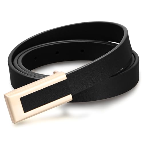 Women's Skinny Genuine Leather Belt with Gold Buckle for Dresses Jeans