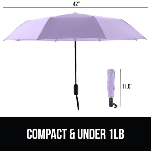 Image of GORILLA GRIP Compact Travel Size Umbrella for Rain, Sleek Design Fits Backpack, Purse and Carry On, Lightweight Under 1lb, One Click Open and Close, Wind Resistant, Durable Waterproof, Purple