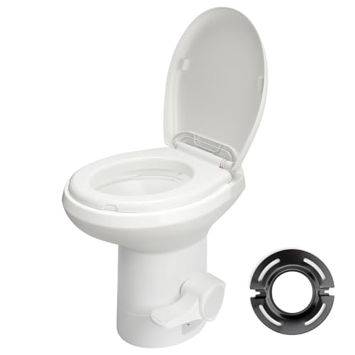 Clirass Efficient Gravity-Flush RV Toilet with Quiet-Close, Triple-Jet Flush with Adjustable Water Level, Standard Height and Foot Pedal for RVs, Trailers, and Campers