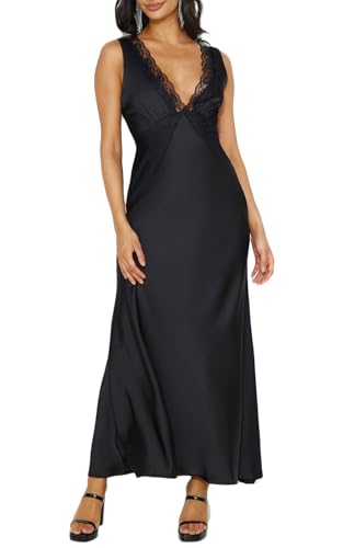 BAGONE Summer Satin Lace V Neck Backless Wedding Guest Maxi Dresses for Women 2024 Elegant Sleeveless Open Back Cocktail Long Dress Black
