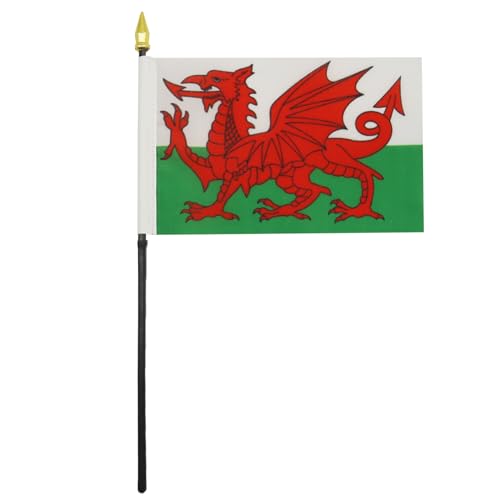 AZ FLAG - Wales Table Flag 4'' x 6'' - Welsh Mini Desk Flag 100% Polyester 15 x 10 cm - Office Banner with 10'' Pole - Golden Spear