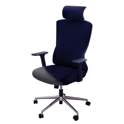 Image of HOKIPO 140 GSM Office Chair Cover with Headrest (High-Back) - 140 GSM Stretch Fabric - Washable, Anti-Slip Fit for Ergonomic Mesh Office Chairs, Midnight Blue (AR-6704-BL)