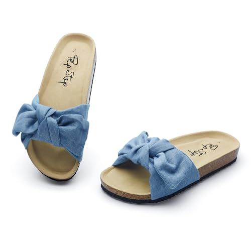 Image of PepStep Slide Sandals for Women or Ladies Dressy Summer Casual, Cute Bow Tie Knot On Top Strap, Comfy Slip On Cork Foot Bed