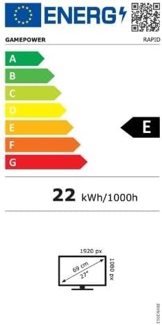 EU Energy Label for GAMEPOWER Rapid monitor, showing energy class E and 22 kWh/1000h consumption.