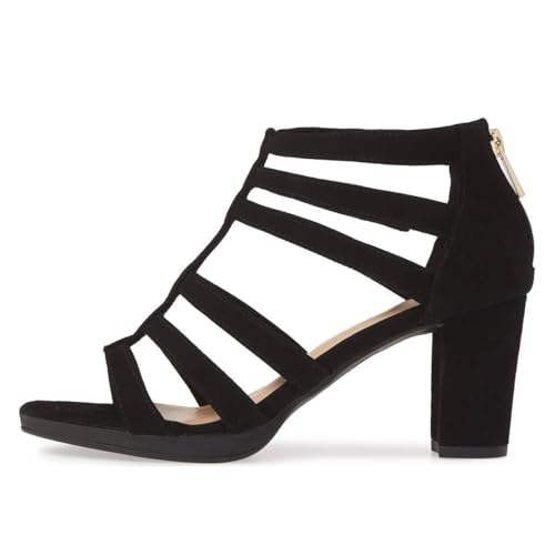 FSJ Women Chunky Mid High Heel Sandals Open Toe T-Strap Pumps Cutout Dress Party Prom Office Strappy Shoes Elastic Back Zipper Size 4-15 US2