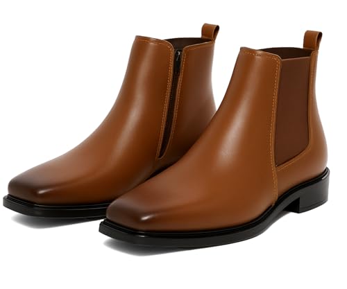 Image of Kraasa THE Ashford - Men's Stylish Vegan Leather Chelsea Boots with Side Zipper & Elastic Panel, Square Toe Ankle Boot (Tan /Black /Brown)