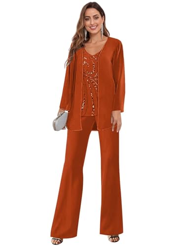 BANTRATIC Burnt Orange 3 Pcs Mother of Brides Pant Suits Plus Size Outfits Sets Dressy for Wedding Guest Grandmother Formal Prom 22W