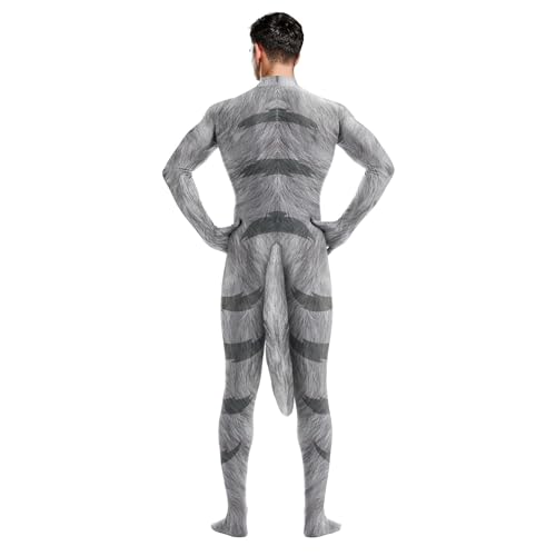 Image of Animal Full Bodysuit for Men Muscle Spandex Jumpsuit Furry Costume with Big Tail for Adult Cosplay Halloween Party