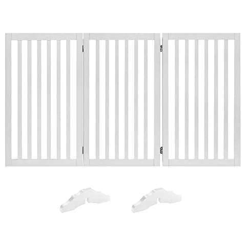 Rungao 152x91cm 36" Tall Foldable Freestanding Pet Gate with 2Pcs Support Feet for Dogs, 3 Panels Dog Gates Indoor Barrier for Doorway Stairs, Indoor Use Only,White Cover