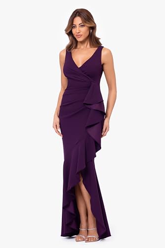 Image of Betsy & Adam Women's V-Neck Hi Low Sleeveless Floor Length Cascade Dress with Draped Ruffle, Regular & Plus Size