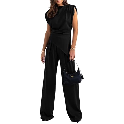 Ensemble plissé femme chic haut asymétrique sans manches et pantalon fluide taille haute