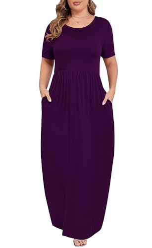 Image of KARALIN Women Plus Size Maxi Dress Short Sleeve Round Neck Loose Fit A-Line | Plus Size Long Dress,Summer Casual Maxi Dresses,Short Sleeve,Side Pockets,Round Neck,Elastic Waist,14 Plus - 26 Plus