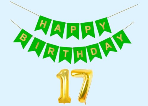 Image of 17th Happy Birthday Decoration Kit Green for 17 year Old Boys Girls Teenage with Number Seventeen Party Decorations Decor Celebration Items Item Set Combo Reusable Paper Banner