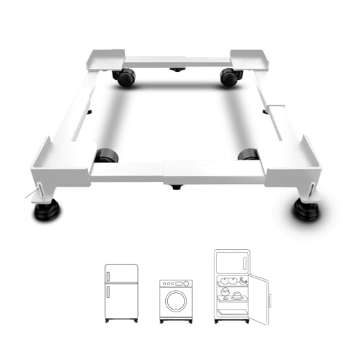 Smart Shelter Washing Machine Trolley for Fully and Semi Automatic, Front or Top Load, Fridge and Dishwasher Stand, Adjustable Metal and Wheels, Capacity 170Kg, White (Min:16.5"x19.5",Max:25.5"x32")
