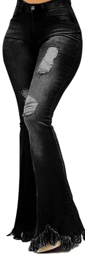 70s Bell Bottom Jeans for Women Elastic High Waisted Raw Hem Denim Pants Classic Vintage Flared Jeans