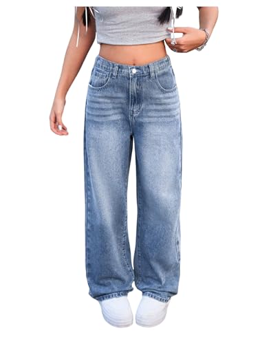 Girl's Wide Leg Jeans High Waisted Loose Casual Denim Pants Long Trousers with Pocket