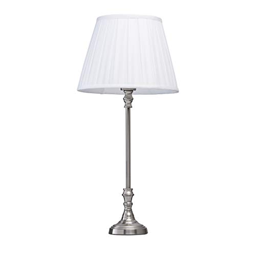 MW-Light Lampada Da Tavolo Classica Elegante In Metallo Colore Nichel Satinato Paralume In Tessuto Bianco In Camera Da Letto Soggiorno o Salotto 1 * 40W E27 - escl