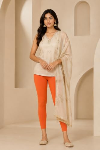 Image of Women's Cotton Lycra Ankle Length Leggings | Regular Rise, Soft 4 Way Stretch Fabric | Casual & Ethnic Wear