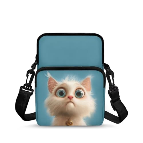 White Cat Pattern Little Girls Crossbody Shoulder Bag, 2 Layer Small Zip Messenger Bags Satchel Outdoor Bags Wallet Phone Waist Pouch for Men Women, Blue