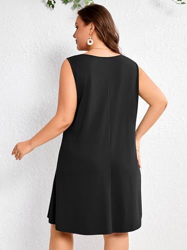 Image of AusLook Plus Size Summer Midi Dress for Women Sleeveless Casual A Line Swing Dress with Pockets Keyhole Neck Beach 1X-5X