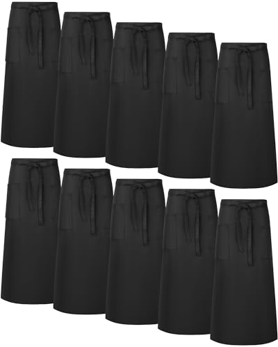Xtinmee 10 Pcs Bistro Aprons 2 Pockets 32" Waterproof Half Waist Black