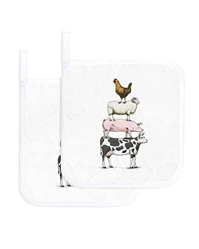 Cow Pig Sheep Chicken Pot Holders For Kitchen, Simple White Backdrop Pot Holder With Loop Trivet Heat Insulation Oven Mitts Hot Pads, Washable Potholders For Cooking Backing 2 Pack #TOP11