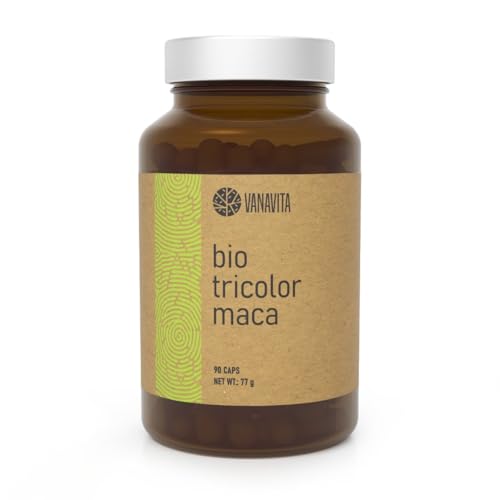 VanaVita Maca Tricolore BIO 90 Capsule, 1300 mg, Maca Nera, Maca Gialla, Maca Rossa, Estratto di Ginseng Peruviano, Superfood, Appartiene agli Adattogeni, la Salute Generale e il Benessere Mentale
