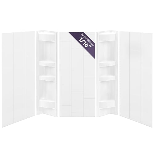 Noah William Home White Acrylic Tub Wall Surround D32 x W60 x H58 - Waterproof, Easy-to-Install, Includes Two Shelf Units - Bathtub Wall Surround Panels, Vertical Pattern, Dynamic Shelves