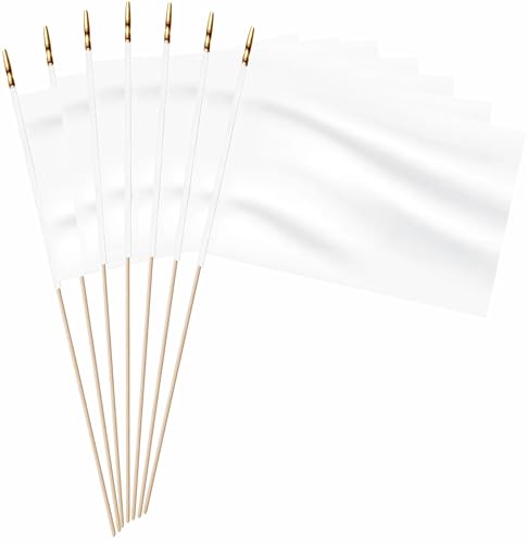 LUSEOAN 20 Pack White Mini Wood Stick Sublimation Flag Set 5x8 Inch Solid Color Blank Hand Held Small Miniature Plain Flags for DIY Graffiti School Kids Birthday Grand Opening Decorations