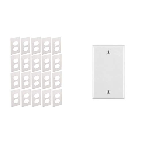 Leviton 80703-W 1-Gang Duplex Receptacle Wallplate, Standard Size, Thermoplastic Nylon, Device Mount, 20-Pack, White, 20 Piece & 80714-W 1-Gang No Device Blank Wallplate, Box Mount, White