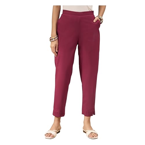 Image of D K W Women's Mid Rise Relaxed Fit Cotton Flex Trousers with Elastic Back & Drawstring - Ideal for Winter, Formal, Office & Casual Wear, Comfortable for Girls and Women