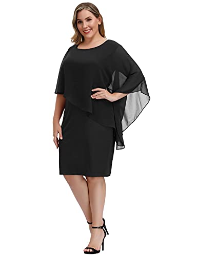 Hanna Nikole Women Plus Size Casual Solid Chiffon O-Neck Ruffles Mini Pencil Dress Black 22W - Image 6