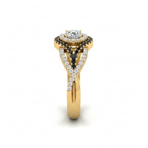Image of Choose Your Gemstone Round Twisted Pave Double Halo Diamond CZ Ring Yellow Gold Plated Round Shape Double Halo Engagement Ring for Women, and Ladies US Size 4 to 12