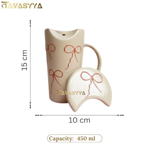 Image of Handmade Pink Bow Embossed Ceramic Tumbler, Mug with Lid & Straw, Tactile Print Cup for Hot & Cold Beverages - Coffee, Tea, Shakes, Matcha, Microwave & Dishwasher Safe, Perfect for Gifting