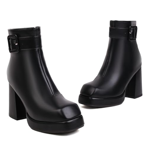 Women's Chunky Platform Ankle Boots Square Toe Buckle Side Zipper Block High Heel Dressy Short Bootie3