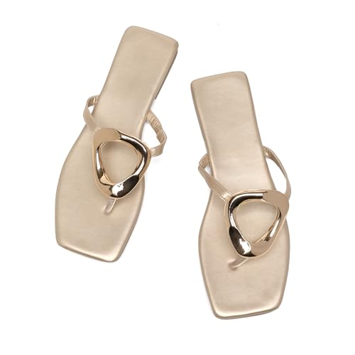 Women's Flat Flip Flop Summer Sandals,Ladies Cute Trendy Comfortable Memory Foam Clip Square Toe Beach Strappy Bling Metal Leather Outdoor Slipper Vacation Slides Shoe