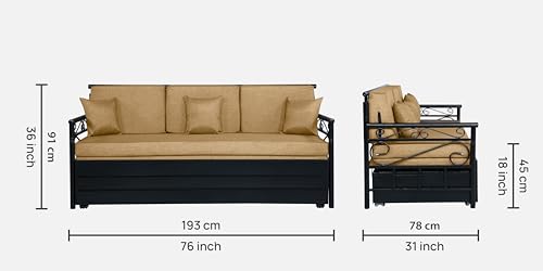 Image of 3 Seater Metal Sofa Cum Bed with Hydraulic Storage | Queen Size Sofa Cum Bed | 3 Seater Sofa Set, Metal Sofa Set for, Living Room, Camel, Queen Size (Camel & Black)