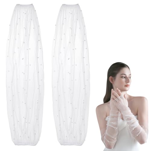 AHANDMAKER 1 Paar Lange Hochzeitshandschuhe Aus Tüll Weiße Perlen Armstulpen Abnehmbare Mesh Puffärmel Fingerlose Handschuhe Für Damen Hochzeitskleid Abschlussball Opern Mottoparty