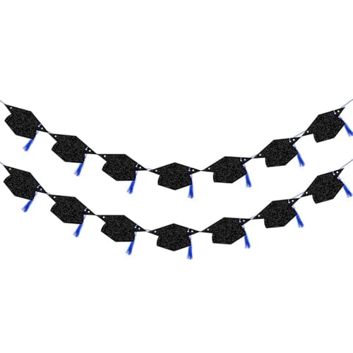 Image of 2025 Graduation Decorations, 14 Blue Tassel Grad Cap Banner, Pre-Strung for High School and College Graduation Party Decor, 9.8 FT