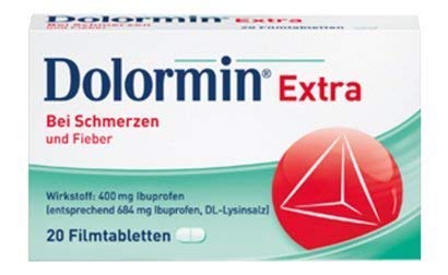3x20 Filmtabletten Dolormin extra. Bei leichten bis mäßig starken Schmerzen und bei Fieber. Enthält den Wirkstoff Ibuprofen und den Wirkbeschleuniger Lysin.