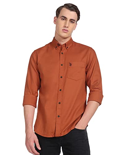 Image of U.S. POLO ASSN. Men Rust Button Down Collar Cotton Solid Casual Shirt