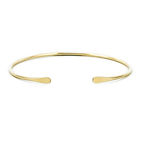 LOTUS STONE JEWELRY Smooth 14K Gold Fill Cuff Bracelet with Hammered Ends, Skinny Gold Bangle with Hammered Ends (Large, Gold)