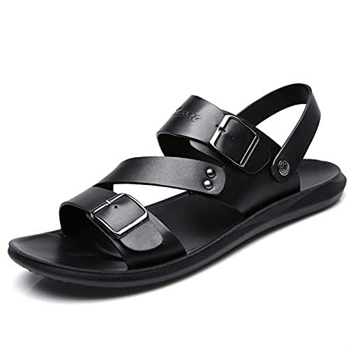 Battle Men Men's Cut Out Sandal Casual Dual Use Beach Slipper Genuine Leather Open Toe Double Monk Strap Buckle Thick Sole Rivet Solid Color anti-slip